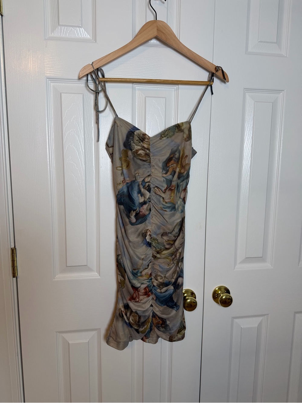 12th Tribe Painted Print Tie-Shoulder Slip Dress in Gray Blue and Multicolor